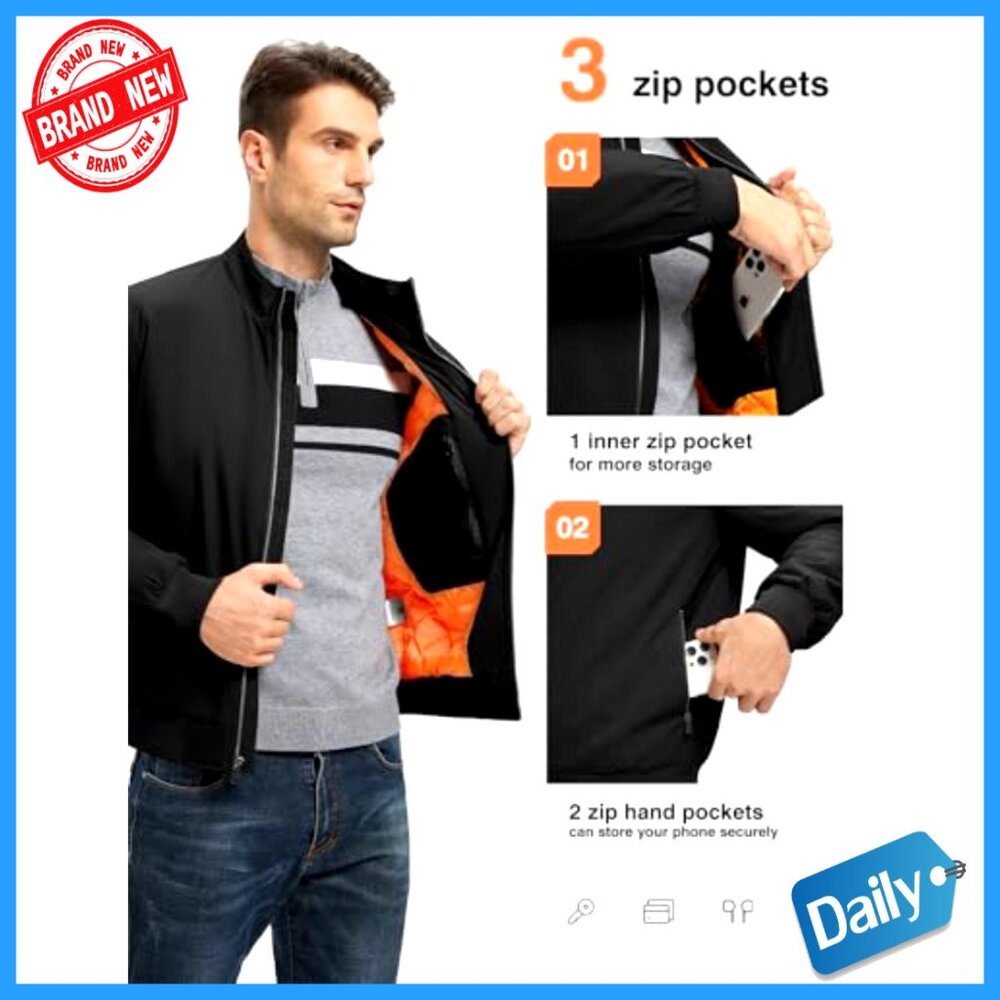 Men's Quilted Bomber Jacket Lightweight Windproof Water Resistant Casual Active - Picture 5 of 7